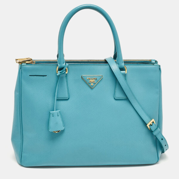 Prada Medium Double Zip Tote in Turquoise Saffiano Leather